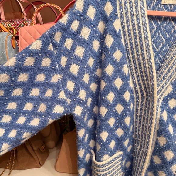 NWT Vita Grace Blue and White Patterned Women’s Cardigan Sweater - Picture 2 of 6